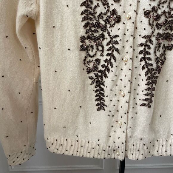 New NOS NWT Vintage 50s Beaded Pearl Button Cardigan Ivory Brown Wool S 40 - Picture 4 of 10